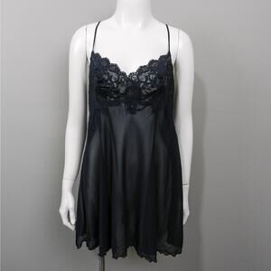 Vintage 90s Victoria's Secret Black Lace Babydoll‎ Slip Chemise Size L Sheer